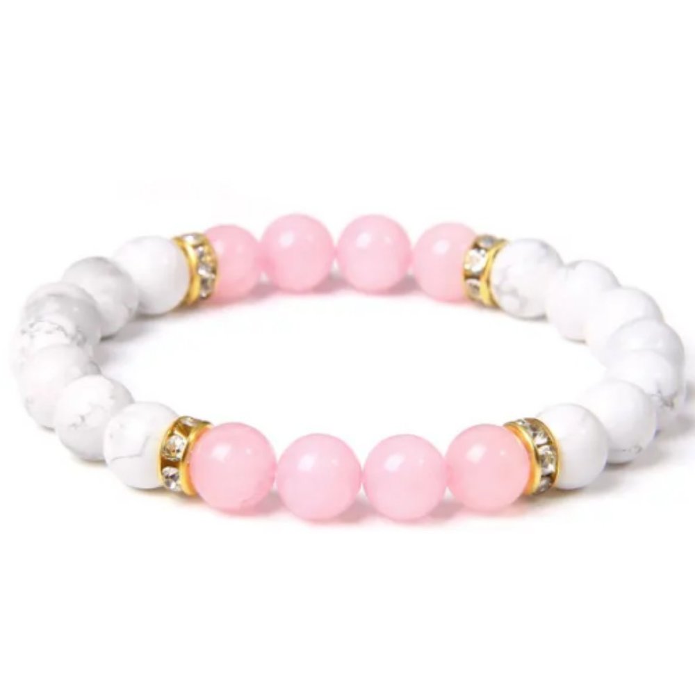 White and Pink Bracelet,Gemstone 2 Colors Beaded Bracelet,Good Luck Bracelet